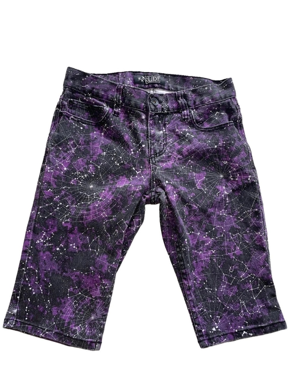 XXX RUDE Galaxy Denim Shorts Purple Black Constellation Stars Hot Topic Size 30
